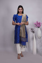 Royal Blue Butta Straight cut salwar suit with Off-White Pants & Woven Tassel Dupatta Set