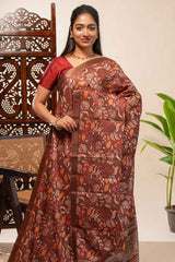 Brown floral design tussar saree with self zari border and matching blouse