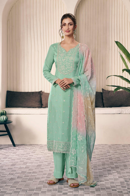 Green thread embroidered munga silk chudidhar material with printed chiffon dupatta