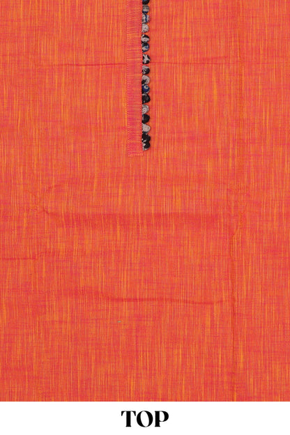 Orange plain cotton chudidhar material with kalamkari style bottom and dupatta