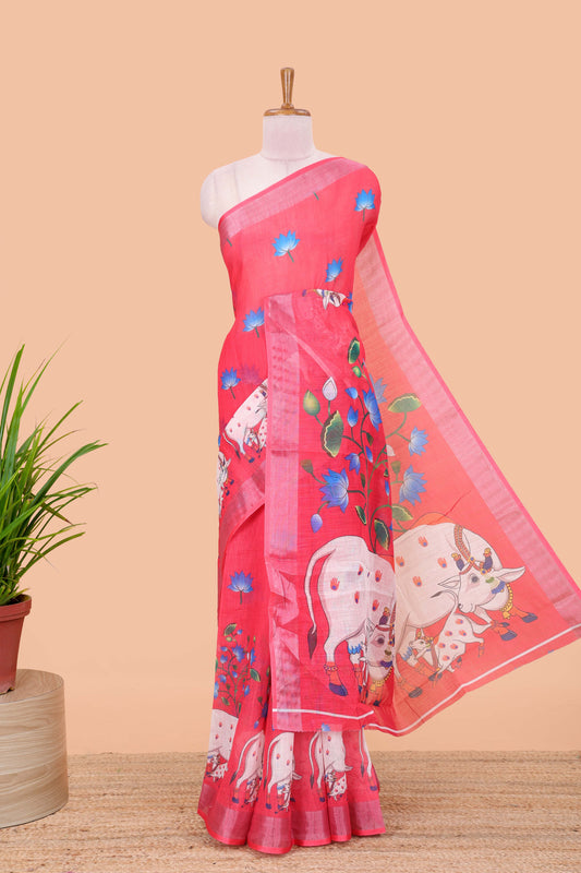 Pink linen floral and animal themed print saree with zari border