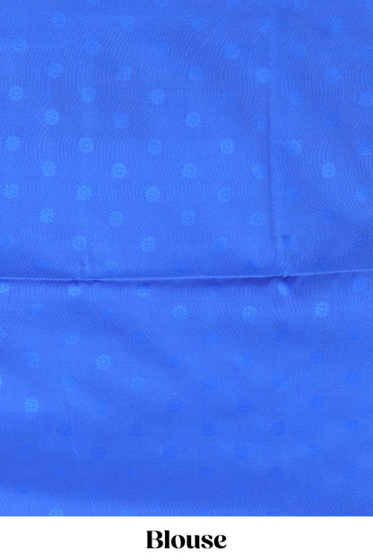 Borderless blue semi soft silk saree with ikkat and zari woven body and ogee pallu