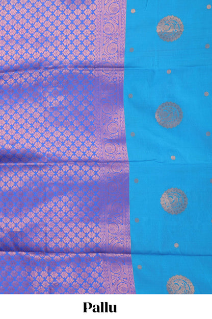 Borderless blue semi soft silk saree with ikkat and zari woven body and ogee pallu