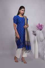 Royal Blue Butta Straight cut salwar suit with Off-White Pants & Woven Tassel Dupatta Set