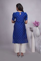 Royal Blue Butta Straight cut salwar suit with Off-White Pants & Woven Tassel Dupatta Set
