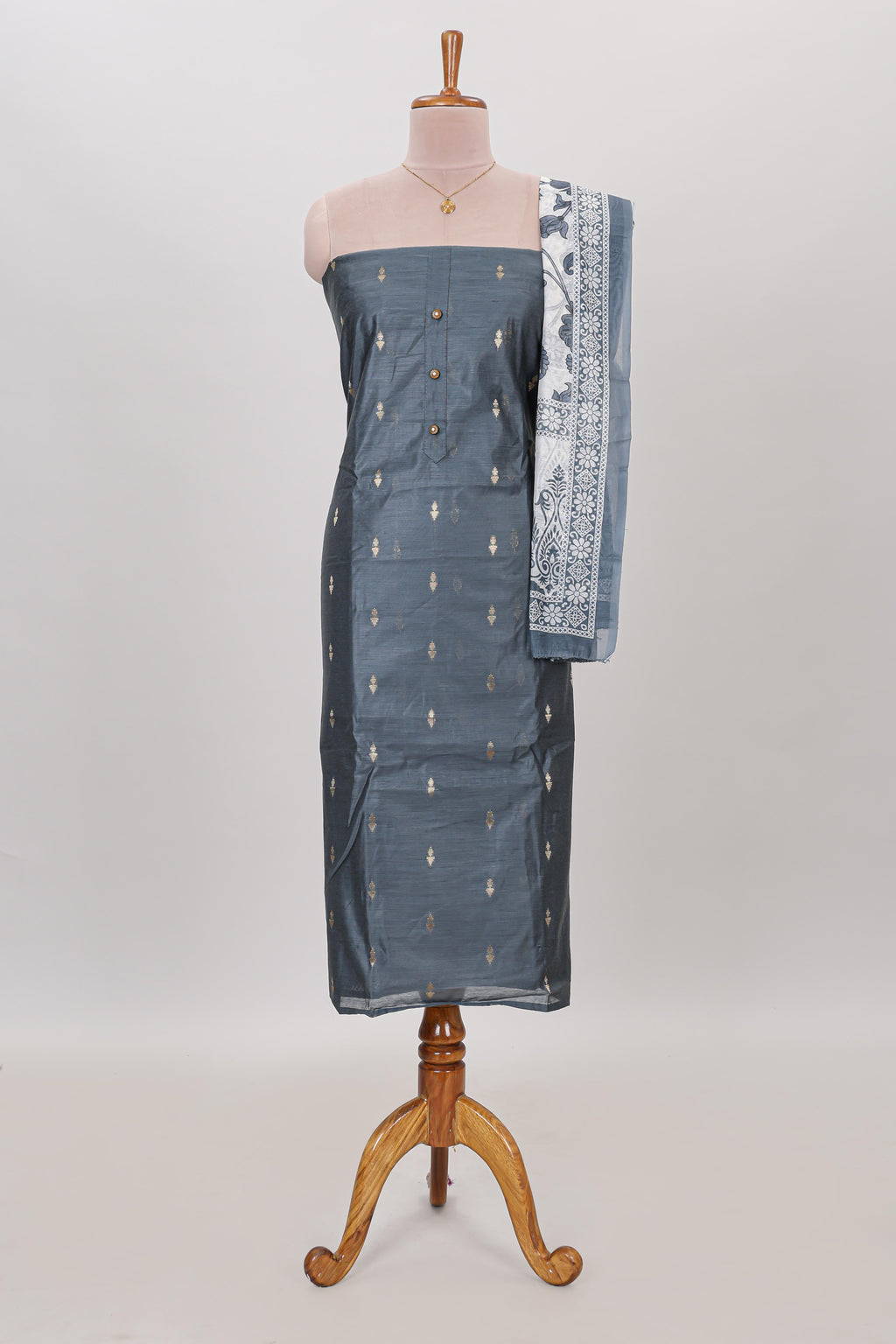 Grey zari motifs chudidhar material with matching solid pant and contrast floral dupatta