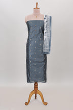 Grey zari motifs chudidhar material with matching solid pant and contrast floral dupatta