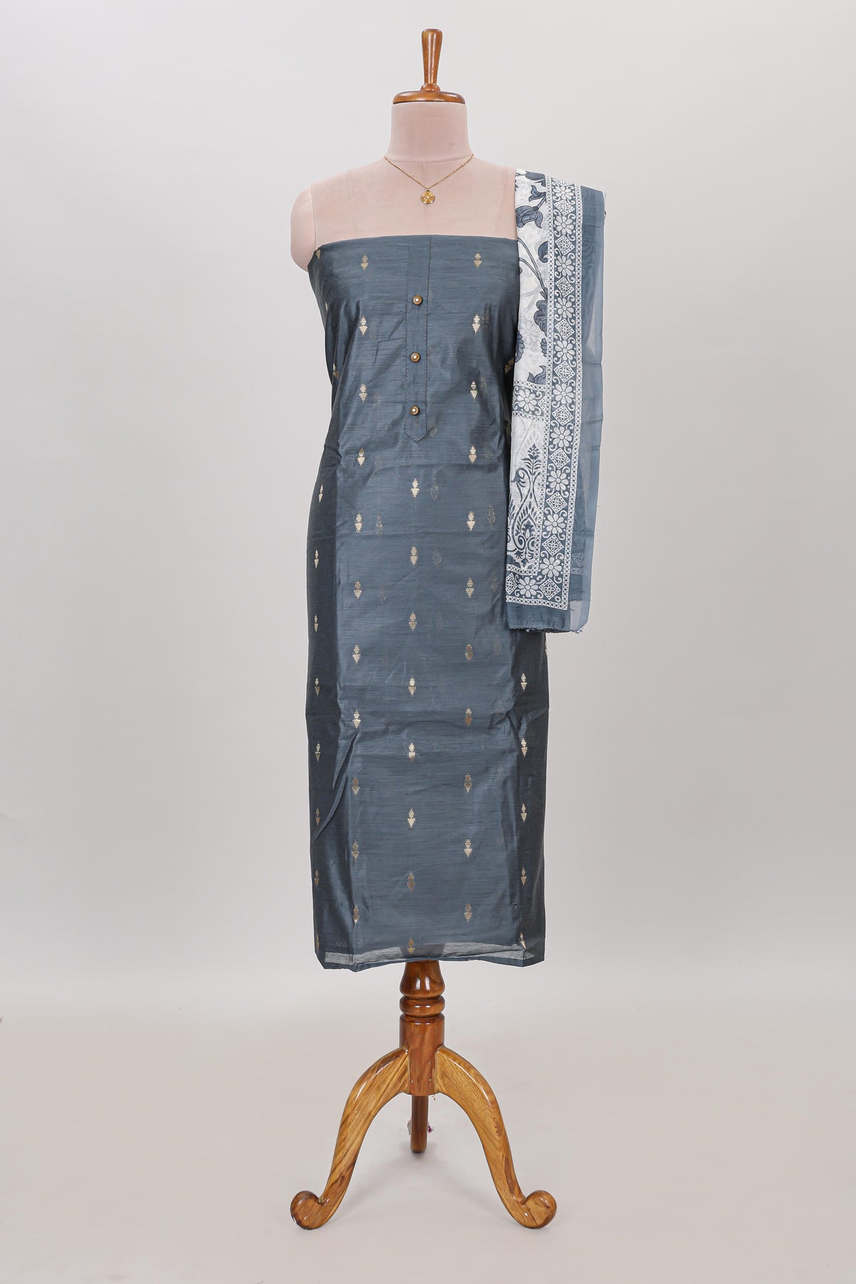 Grey zari motifs chudidhar material with matching solid pant and contrast floral dupatta