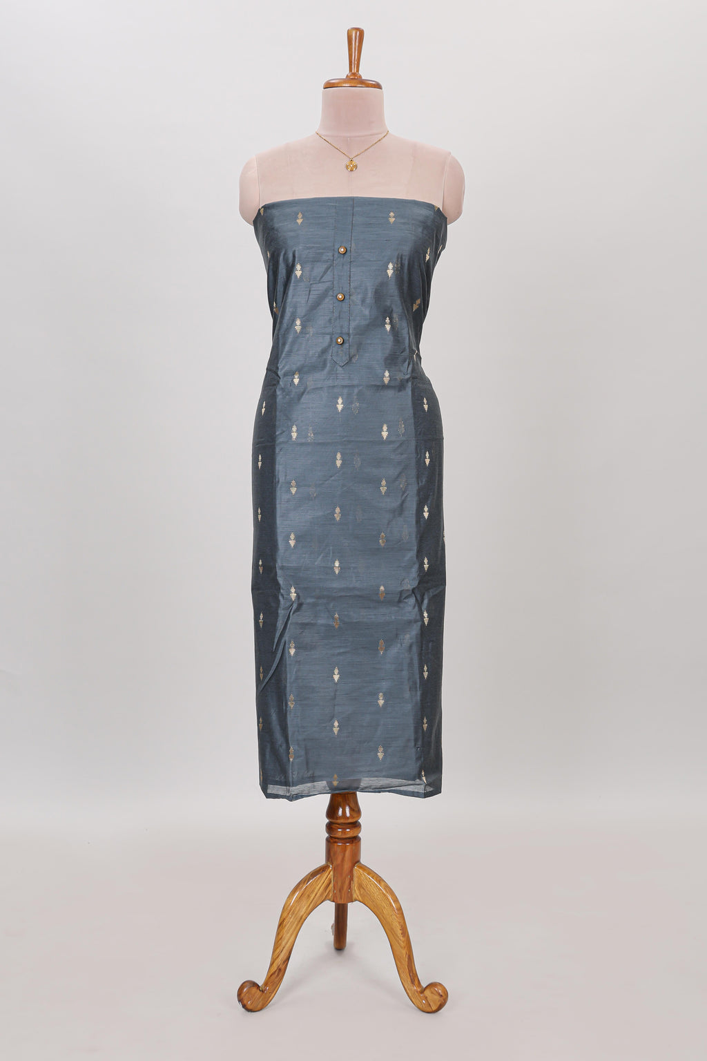 Grey zari motifs chudidhar material with matching solid pant and contrast floral dupatta
