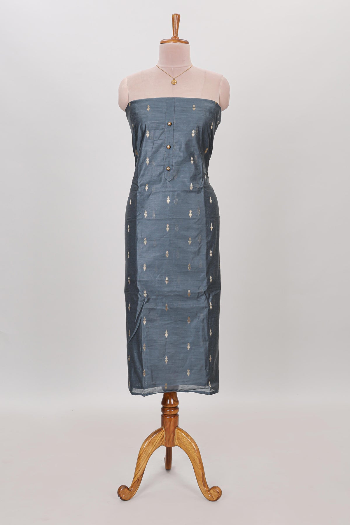 Grey zari motifs chudidhar material with matching solid pant and contrast floral dupatta