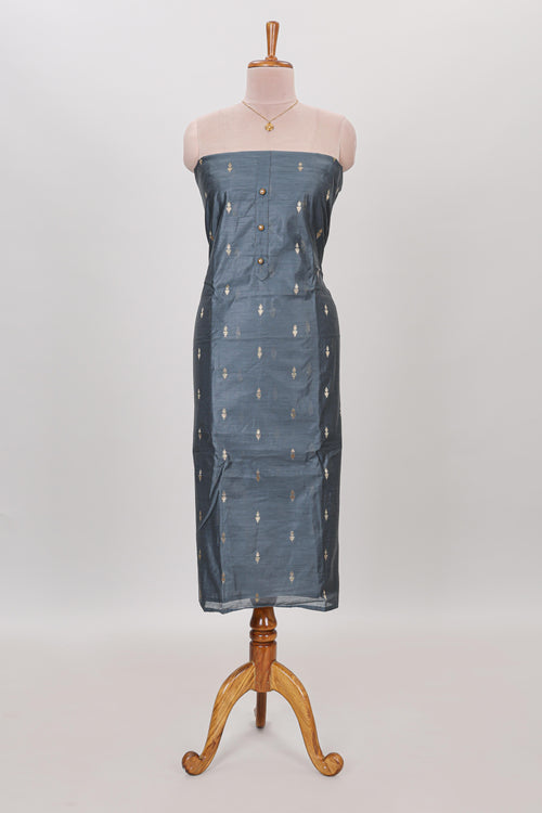 Grey zari motifs chudidhar material with matching solid pant and contrast floral dupatta