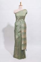 Borderless green striped zari design tussar saree with self pallu and matching blouse