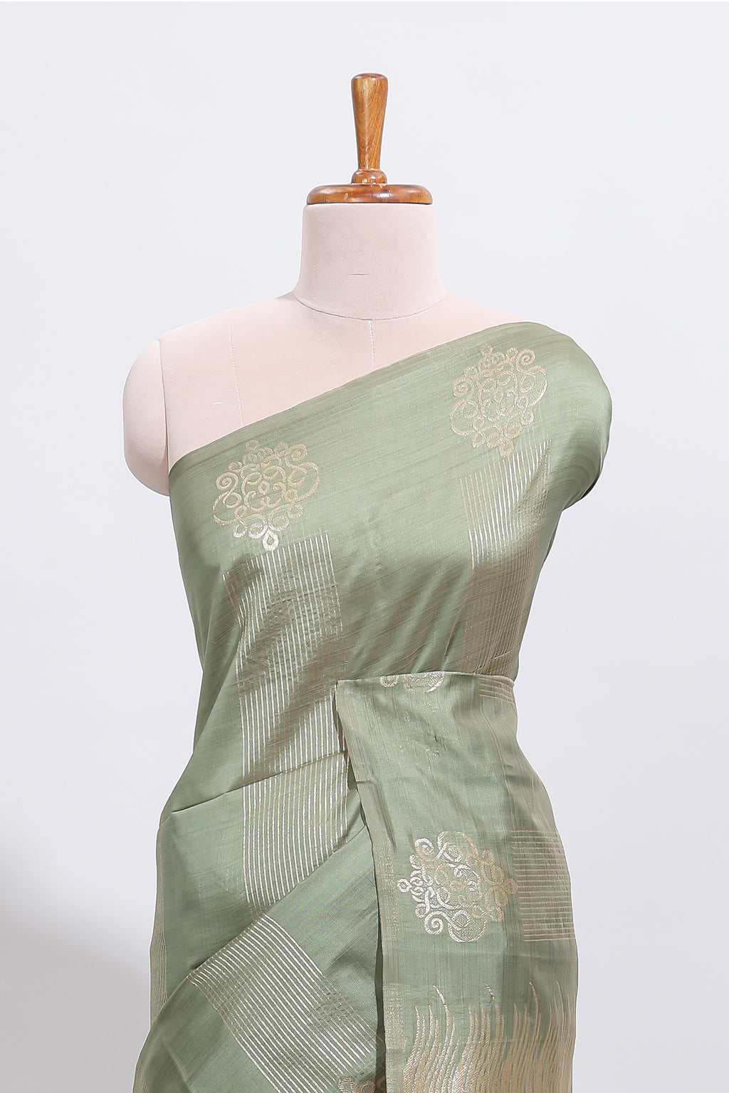 Borderless green striped zari design tussar saree with self pallu and matching blouse