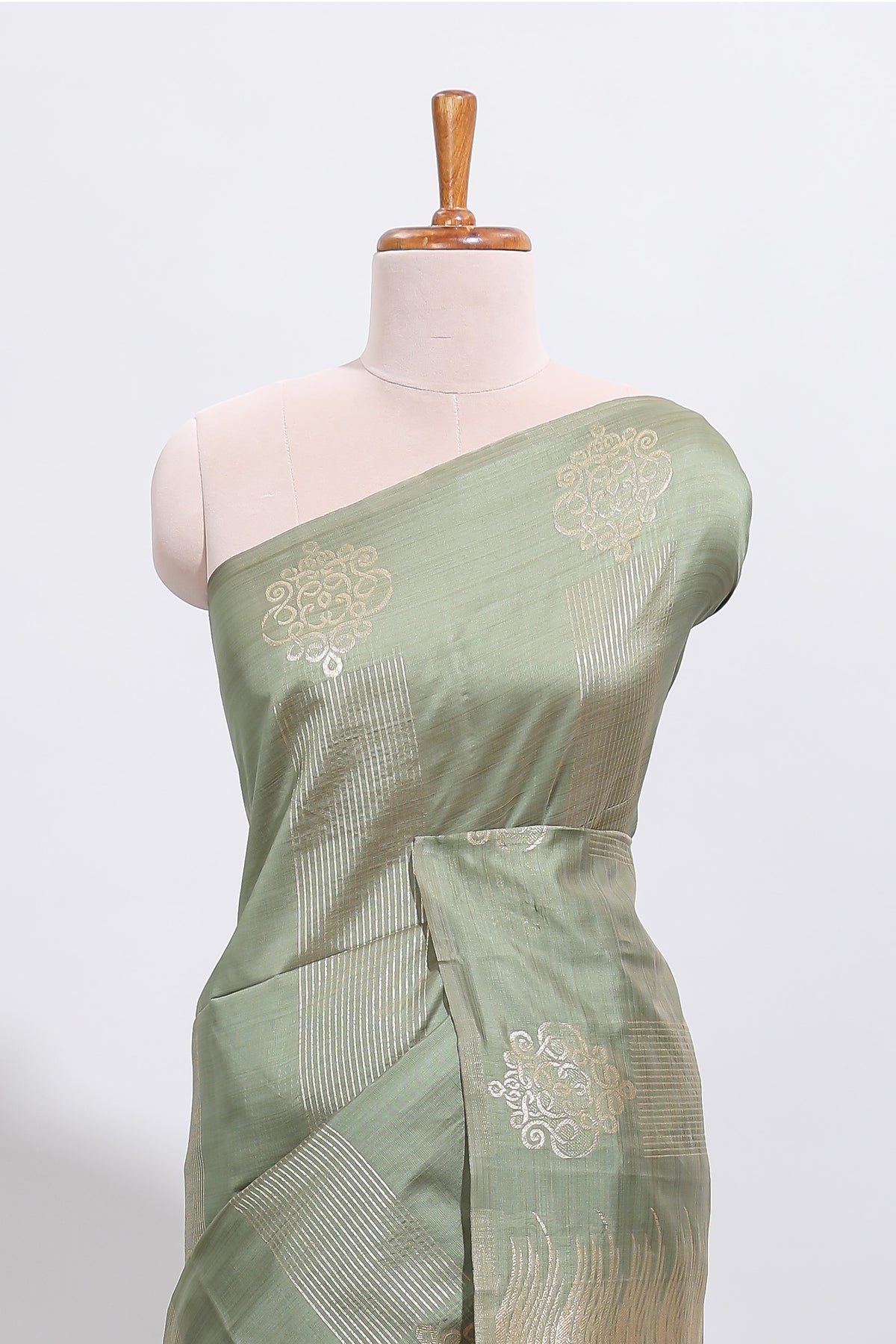 Borderless green striped zari design tussar saree with self pallu and matching blouse