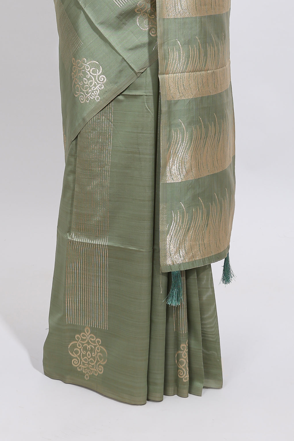 Borderless green striped zari design tussar saree with self pallu and matching blouse