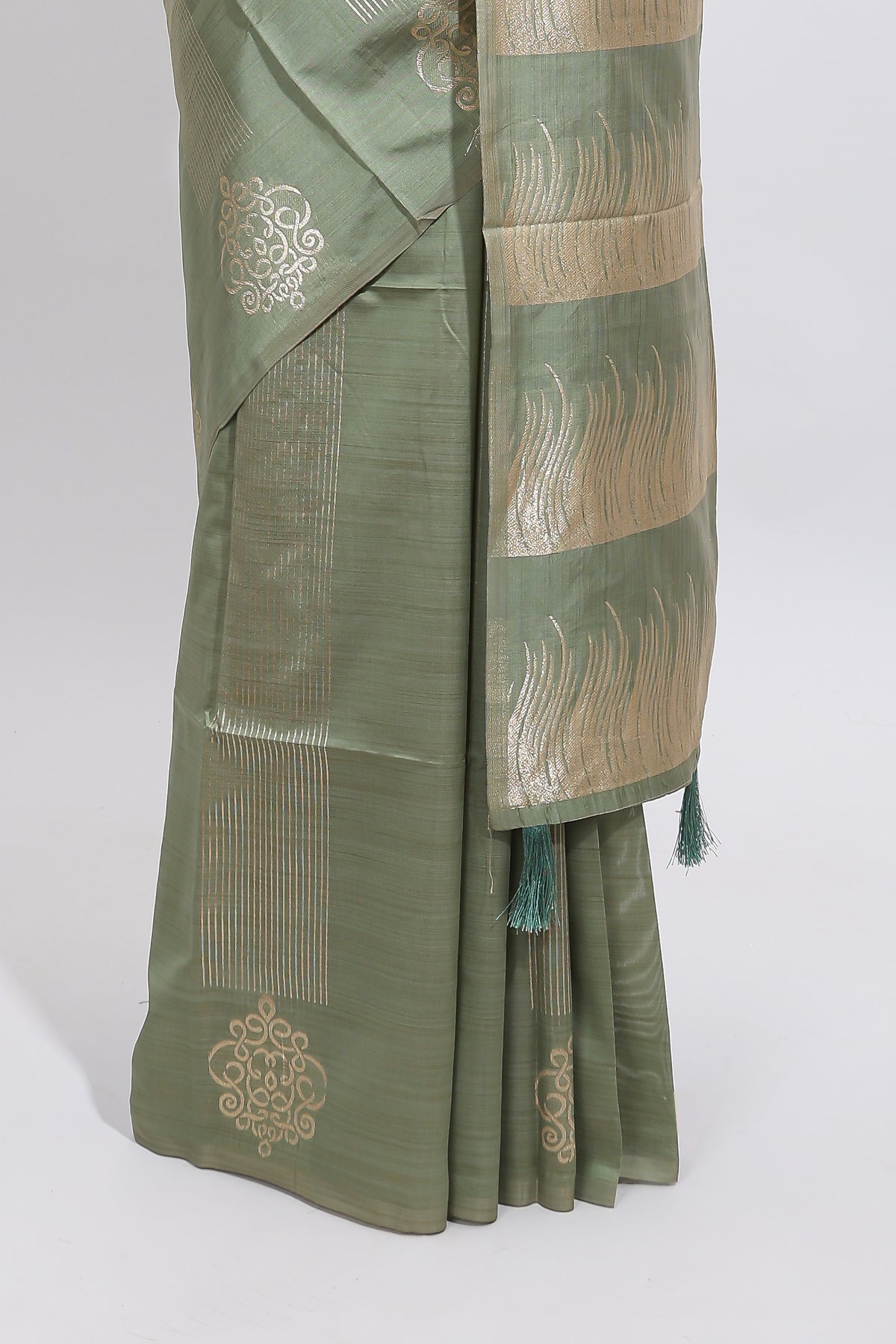 Borderless green striped zari design tussar saree with self pallu and matching blouse