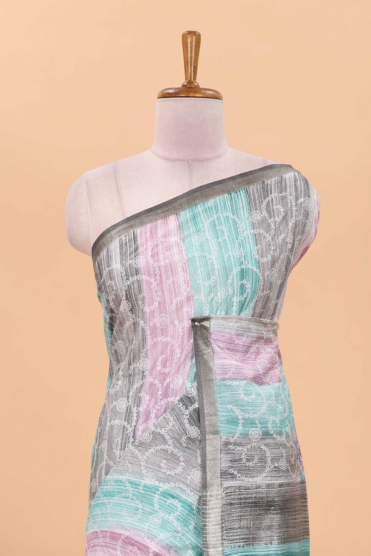 Multi color stripes chikankari cotton saree with thread work and self pallu