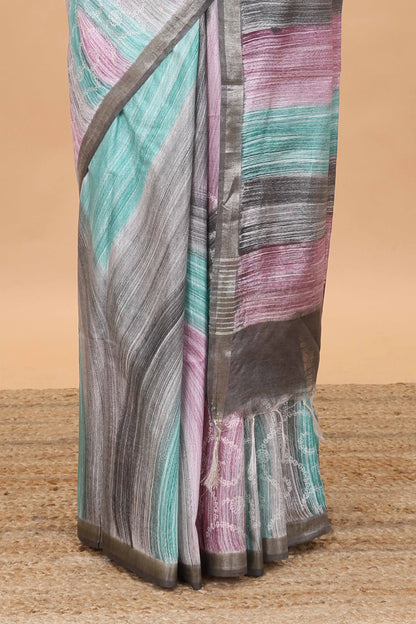 Multi color stripes chikankari cotton saree with thread work and self pallu