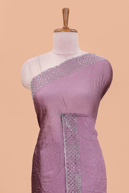 Pink chiffon georgette crush saree with all-over stone work, stone & beads border, and short stone work pallu with contrast embroidery blouse