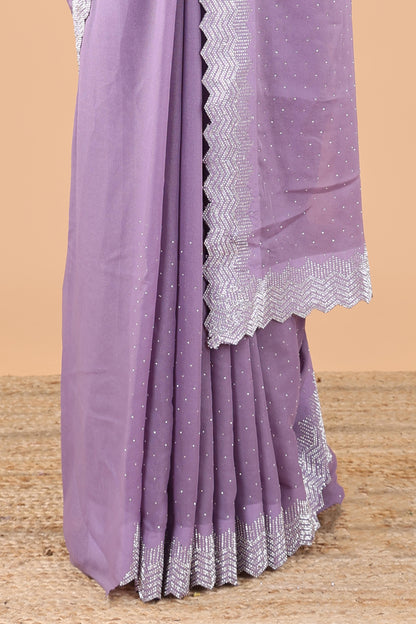 Lavender designer georgette space silk saree with heavy stone & beads work, short pallu and contrast sequin embroidered blouse