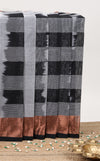 Grey striped bengal cotton saree with copper zari border and pallu