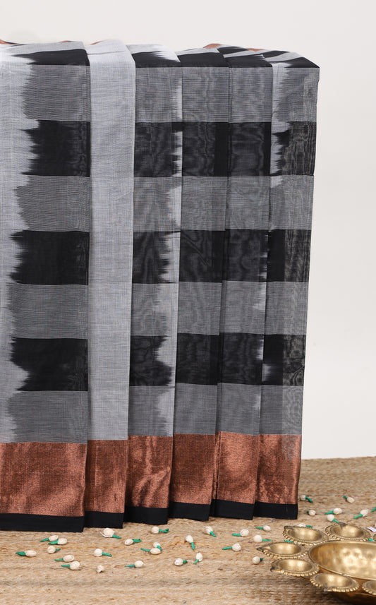 Grey striped bengal cotton saree with copper zari border and pallu