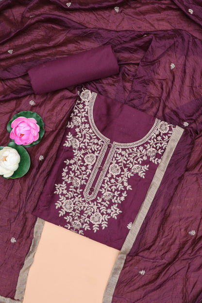 Violet embroidered cotton silk chudidhar material with sequin thread work and contrast dupatta