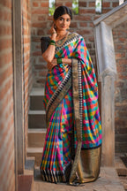 Multicolor checked floral motifs design kathan silk saree with contrast floral design border and zari motis blouse