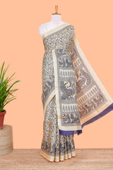 Sandal floral madhupani print south cotton saree with self border and contrast blouse