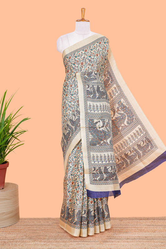 Sandal floral madhupani print south cotton saree with self border and contrast blouse