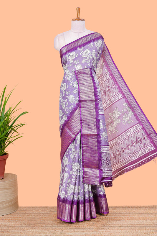 Lavender  Dola Silk Saree  Floral Printed With Jacquard Border
