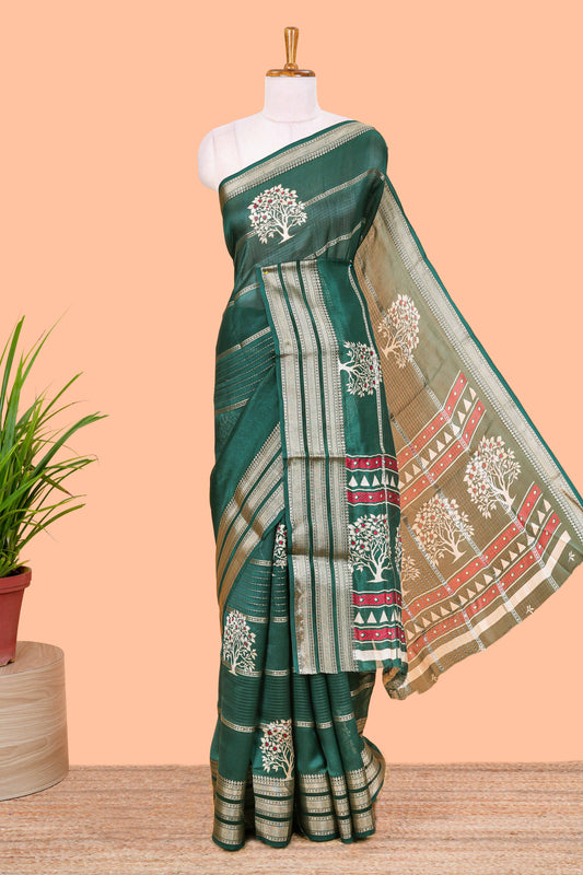 Green Striped tree butta moss chiffon saree with self triple zari border and matching blouse
