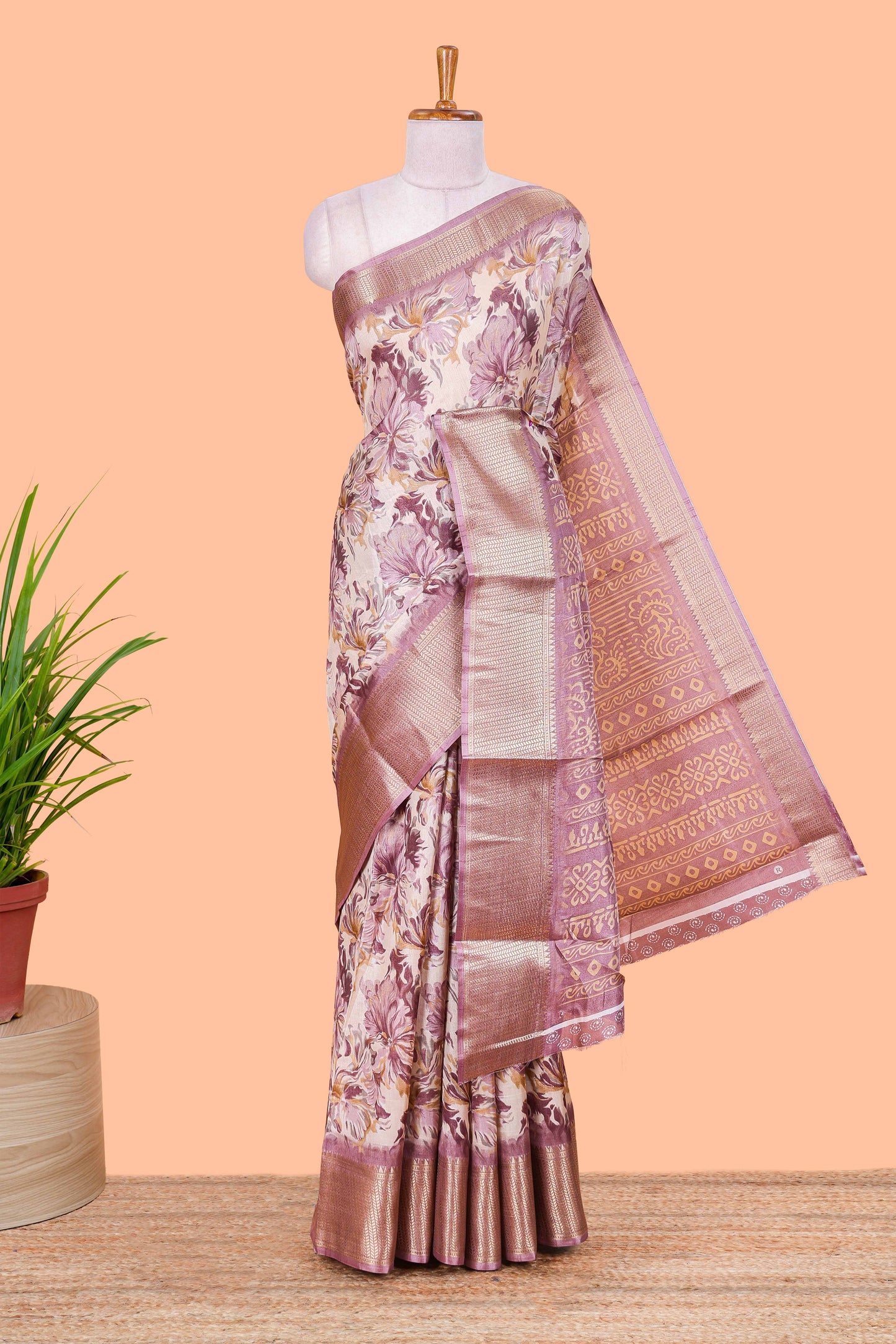 Pink Semi Banaras Dola Silk Floral Printed With Jacquard Border