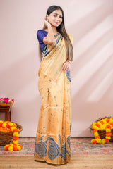 Yellow south cotton Saree All- Over Spiral Digital Print Along With Blouse