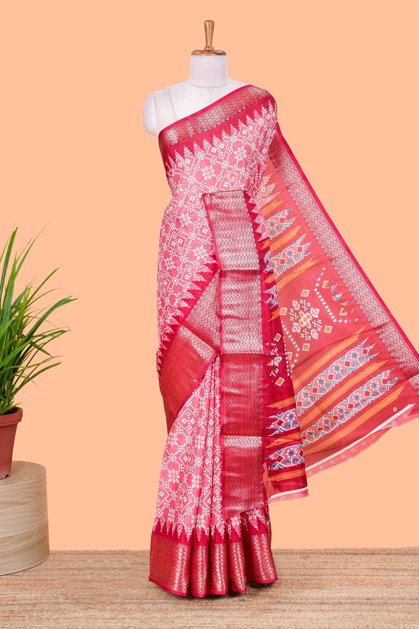 Pink Semi Dola Silk Body Bandhini Style With Jacquard Border