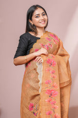 Mustard Yellow Linen Saree Elegant Floral Print With Aari Work Across The Body Scallop Border Along With Contrast Floral Design Blouse