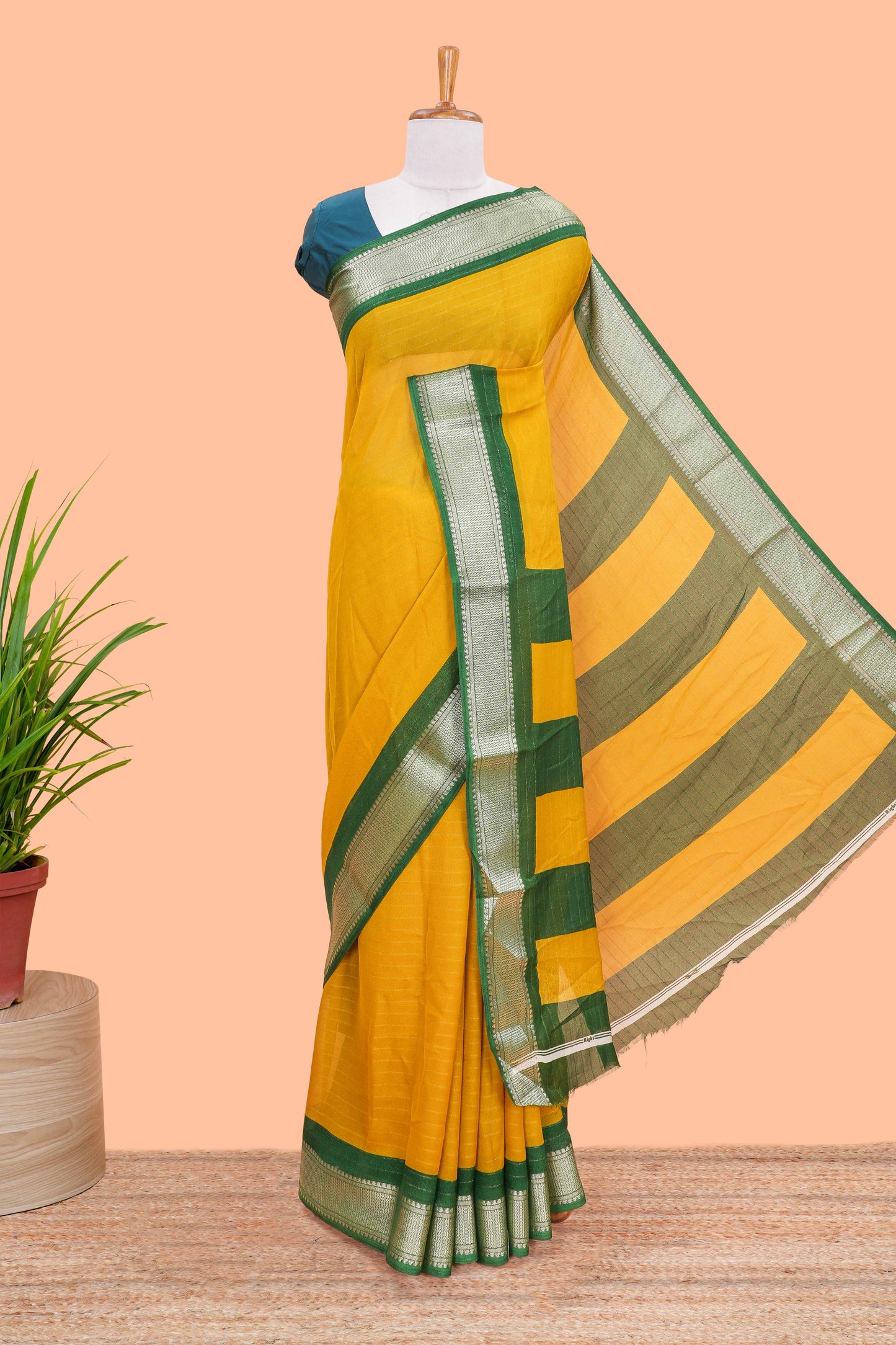 Mustard stripes crepe chiffon saree with contrast border and blouse