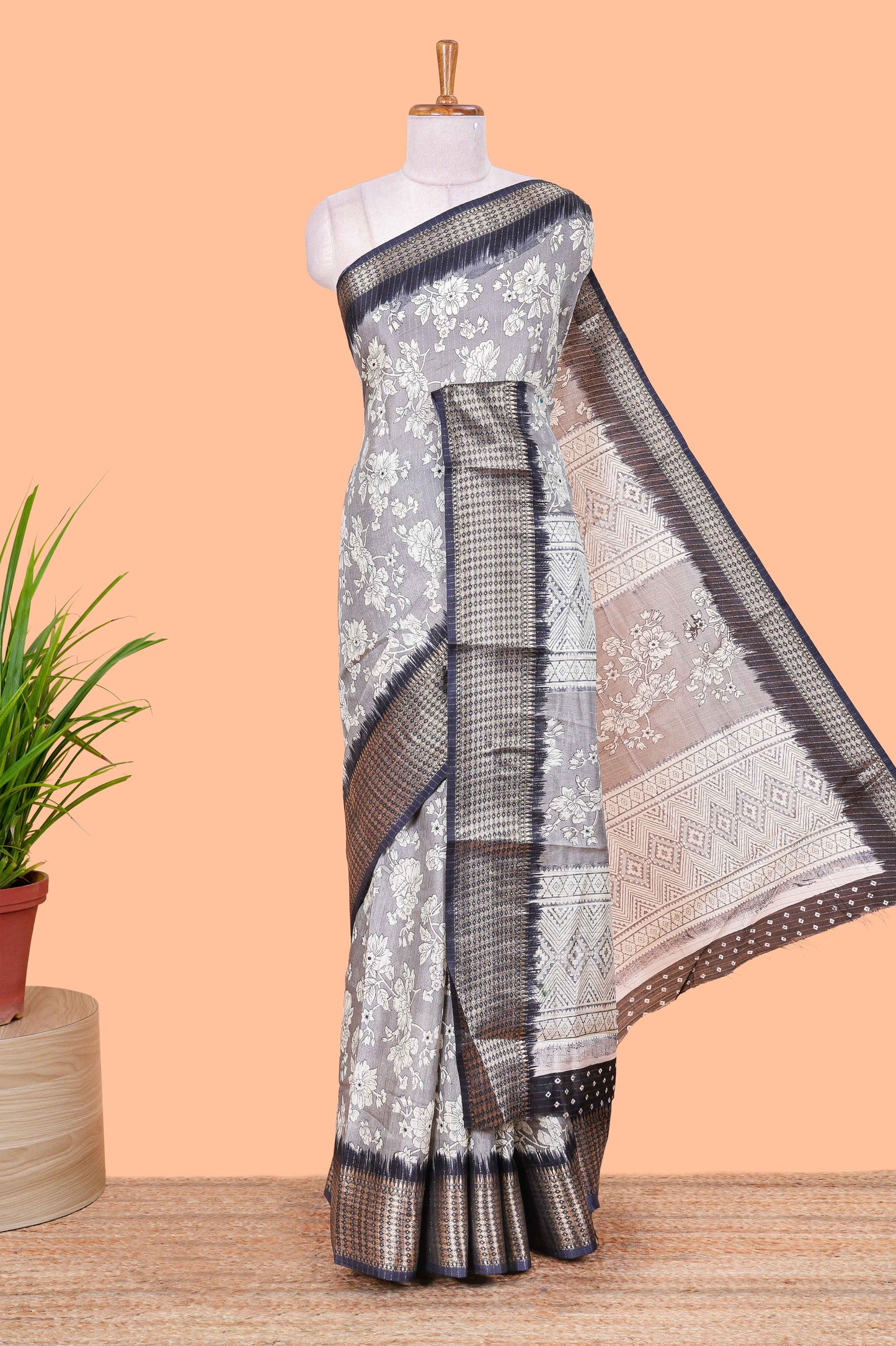 Grey Dola Silk Saree  Floral Printed With Jacquard Border