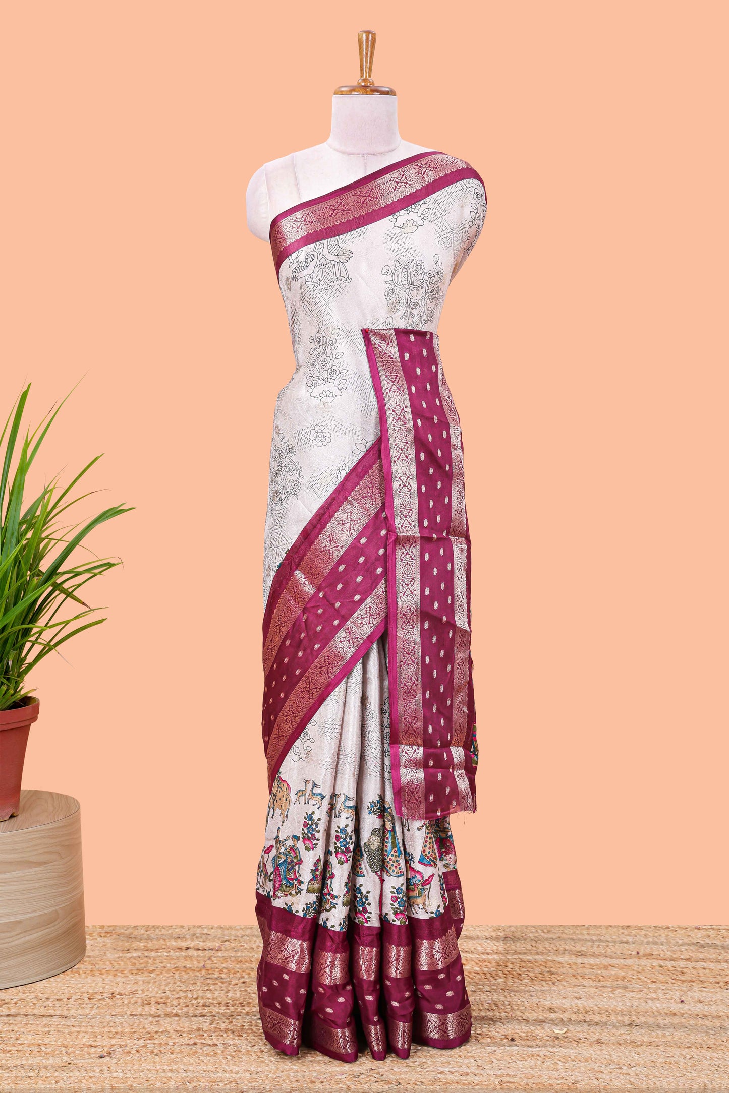 White Kalamkari style floral and crane birds print marsh georgette saree with maroon zari border and printed pallu