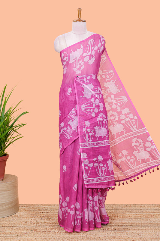 Purple Linen Cotton Body Flower Print With Border Pichwai and Lotus Flower Print and Printed Blouse