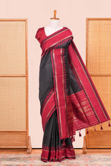 Black Art Silk Saree With Plain Body Contrast Gold Zari Stripes Pallu