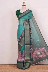 Green Semi Chiffon Pattachitra Printed Saree With Jacquard Border Along With Blouse