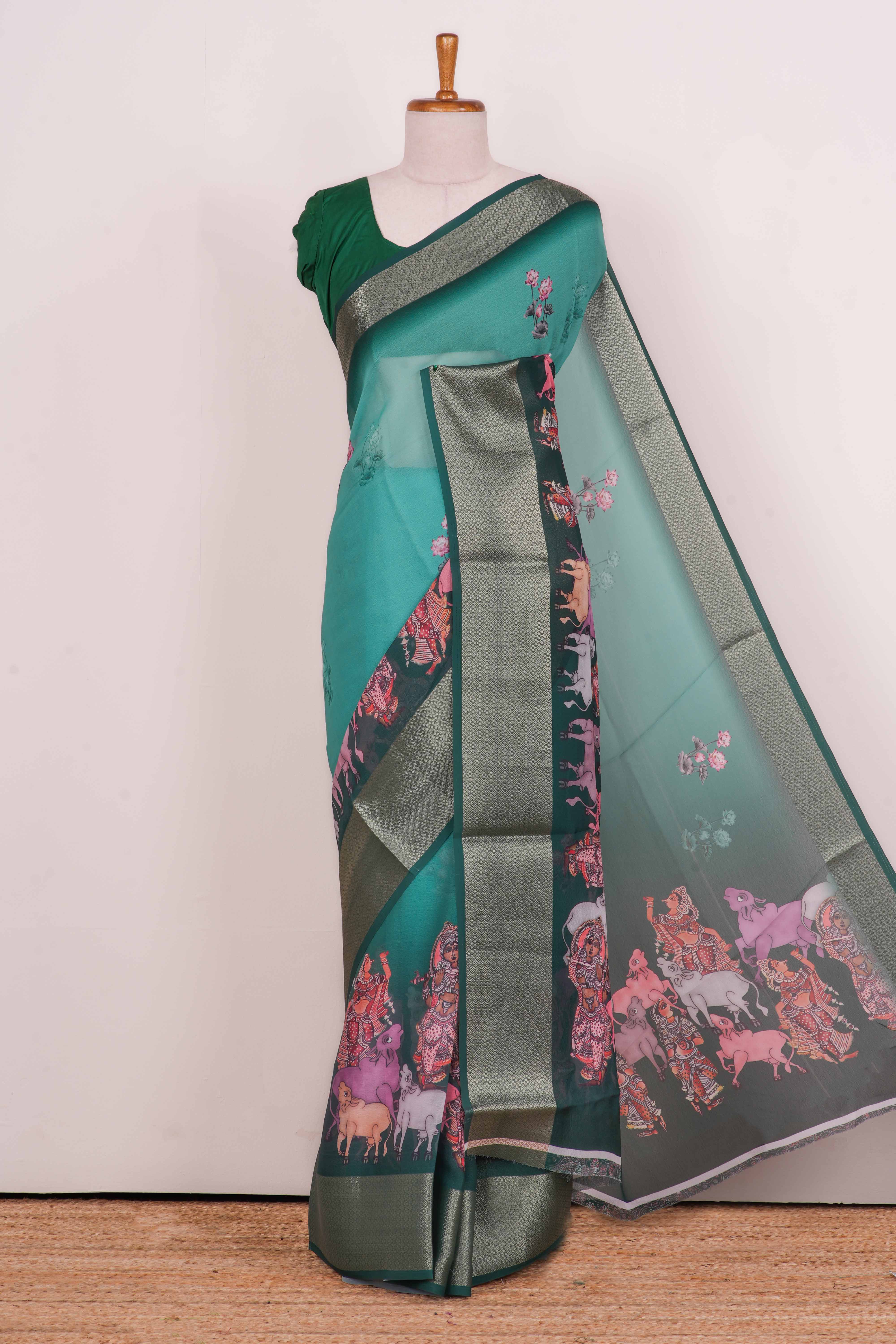 Green Semi Chiffon Pattachitra Printed Saree With Jacquard Border Along With Blouse