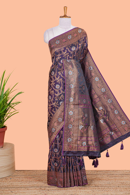 Magenta Banaras Satin Silk Saree All Over Body Woven Jaal Design