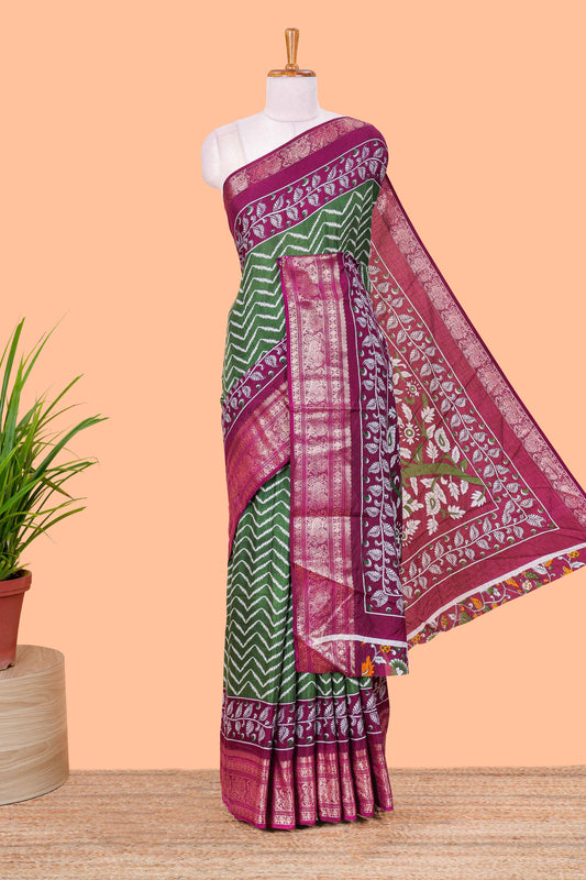 Green Tusser Silk Geometrical Design With Jacquard Border