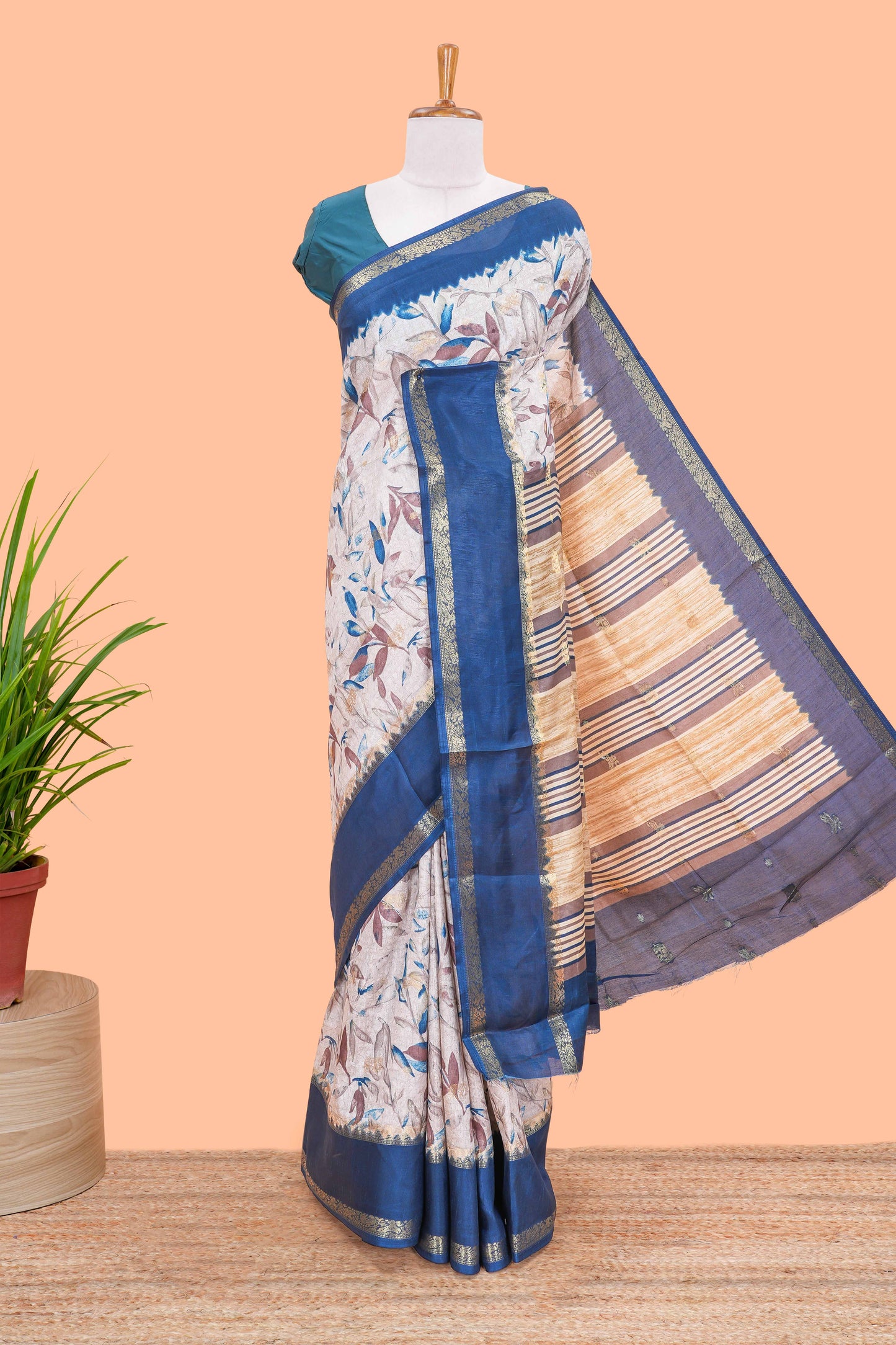 Sandal Semi Dola Silk Saree All- Over Leaf Printed, Zari Butta And Stripes Pallu Along With Contrast Blouse