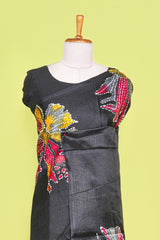 Black south cotton Saree With Multi Color Orchid Printed Across The Body Along With White Dotted Blouse
