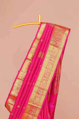 Rani Pink & Gold Self-Butta Kanchipuram Pure Silk Saree with Rich Zari Border