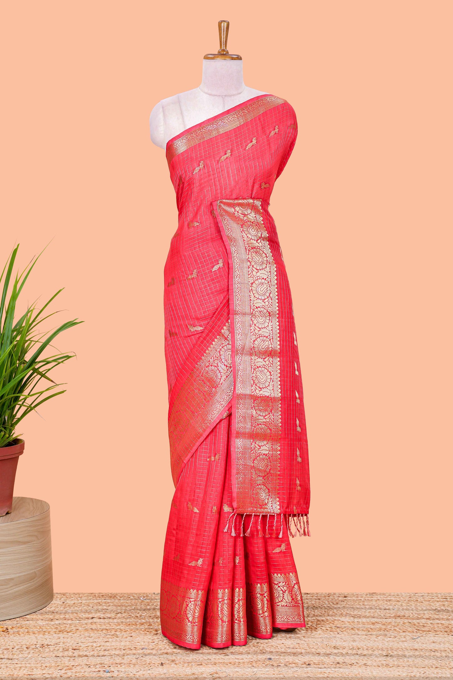 Red checked peacock zari butta art raw silk saree with zari border and matching blouse