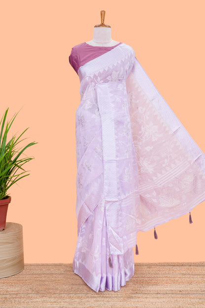 Lavender Linen Saree Floral Printed All Over Along With Blouse